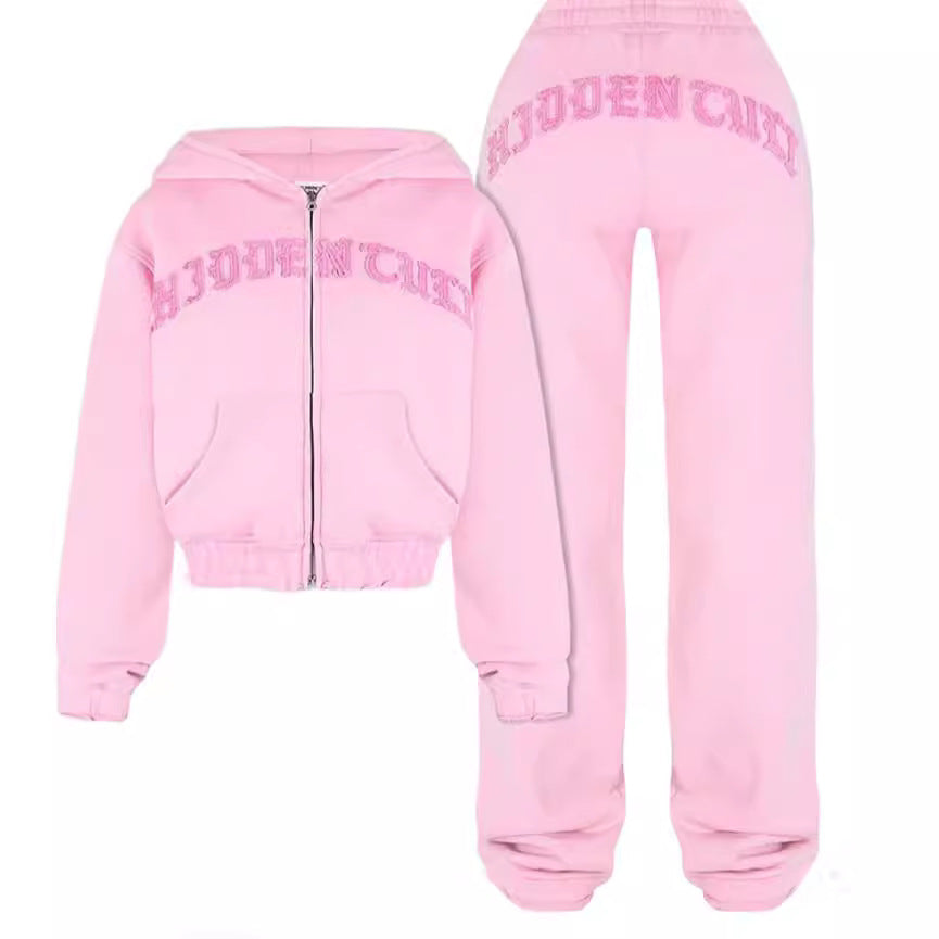 Ins Letter Sports Suit Zip-up Hooded Cropped Sweatshirt Top And Loose Drawstring Trousers Fashion Womens Clothing by DERILUJA LLC