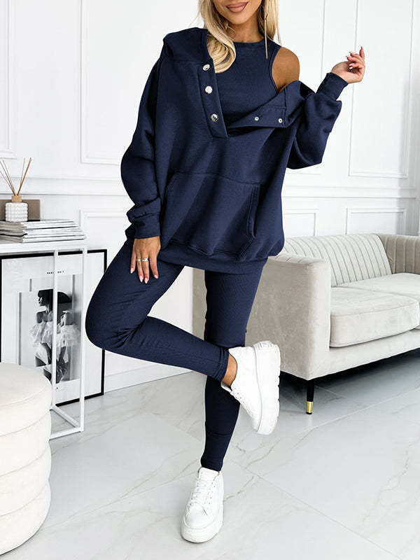 3pcs Women's Sports Suit Loose Hooded Pockets Sweatshirt And Vest And Slim Trousers by My Store