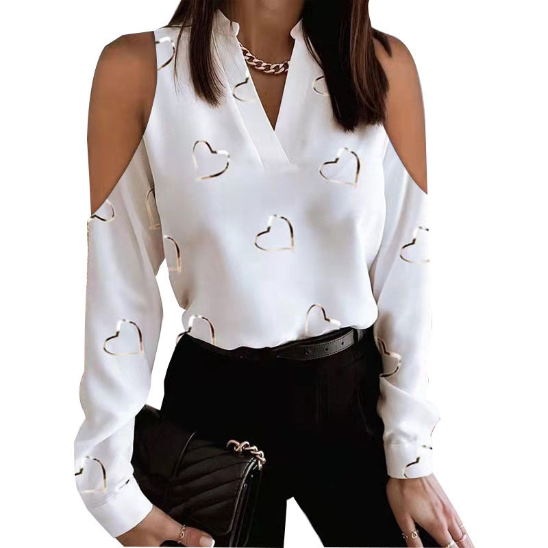 Long Sleeve Off-shoulder Long Sleeve Printed Shirt by DERILUJA LLC
