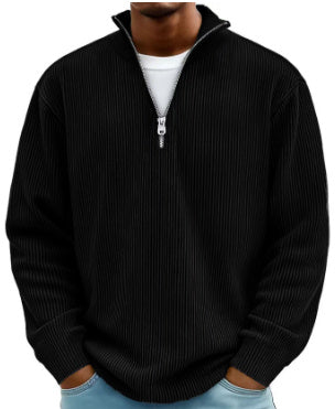 Corduroy Zipper Stand Collar Sweatshirt Fashion Warm Solid Color Long Sleeve Top Men's Casual Polo Shirt Clothing by My Store