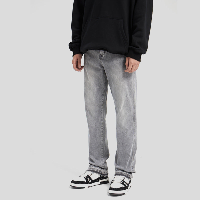 High-Quality Washed Light Gray Distressed Solid Color Denim Jeans with Raw Hem, Basic Casual Long Pants by eprolo