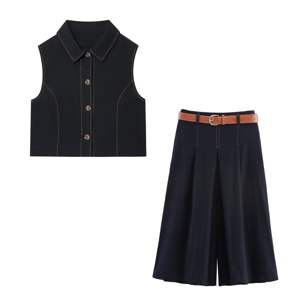 Color blocked straight vest with stitching and pants set