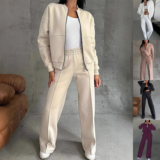 Women's Sports Suits Zipper Jacket And Wide Leg Pants Two-piece Set by My Store