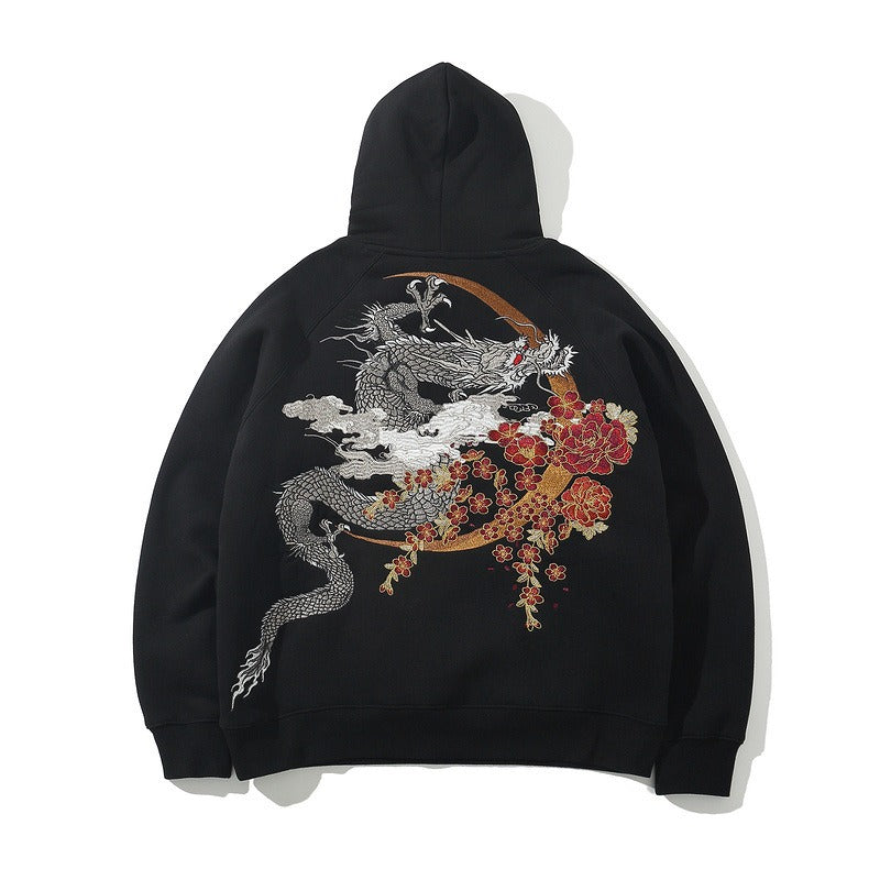 Sweatshirt men green dragon embroidery national trend pure cotton outer sweater autumn and winter plus velvet thick style
