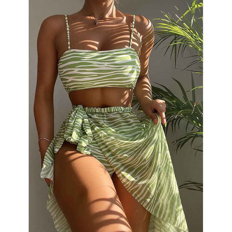 Sexy Striped Bikini Three-Piece Swimwear Set with Beach Dress by eprolo