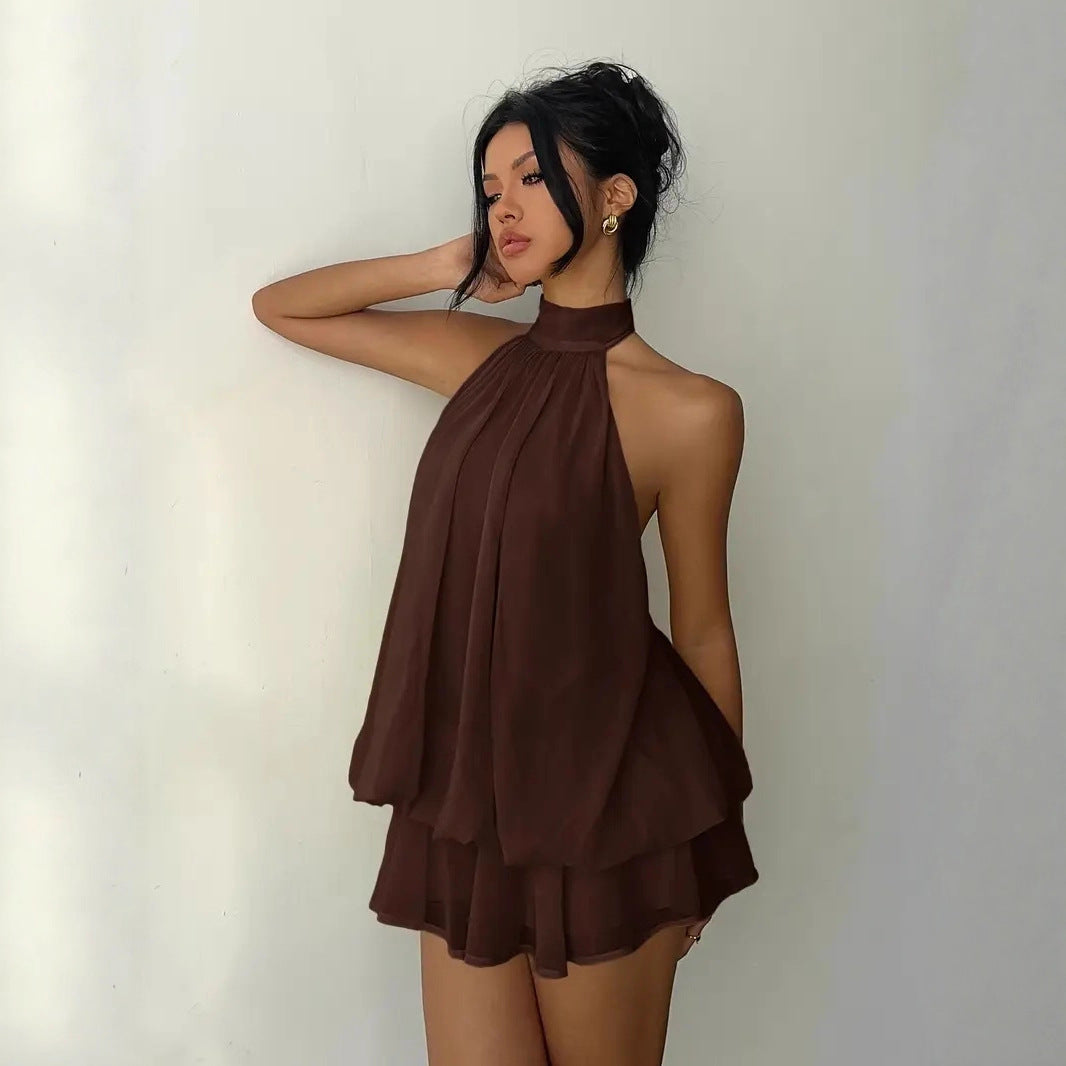 Women's vacation fitted sexy backless halter neck tie-waist dress with puffy short skirt by eprolo