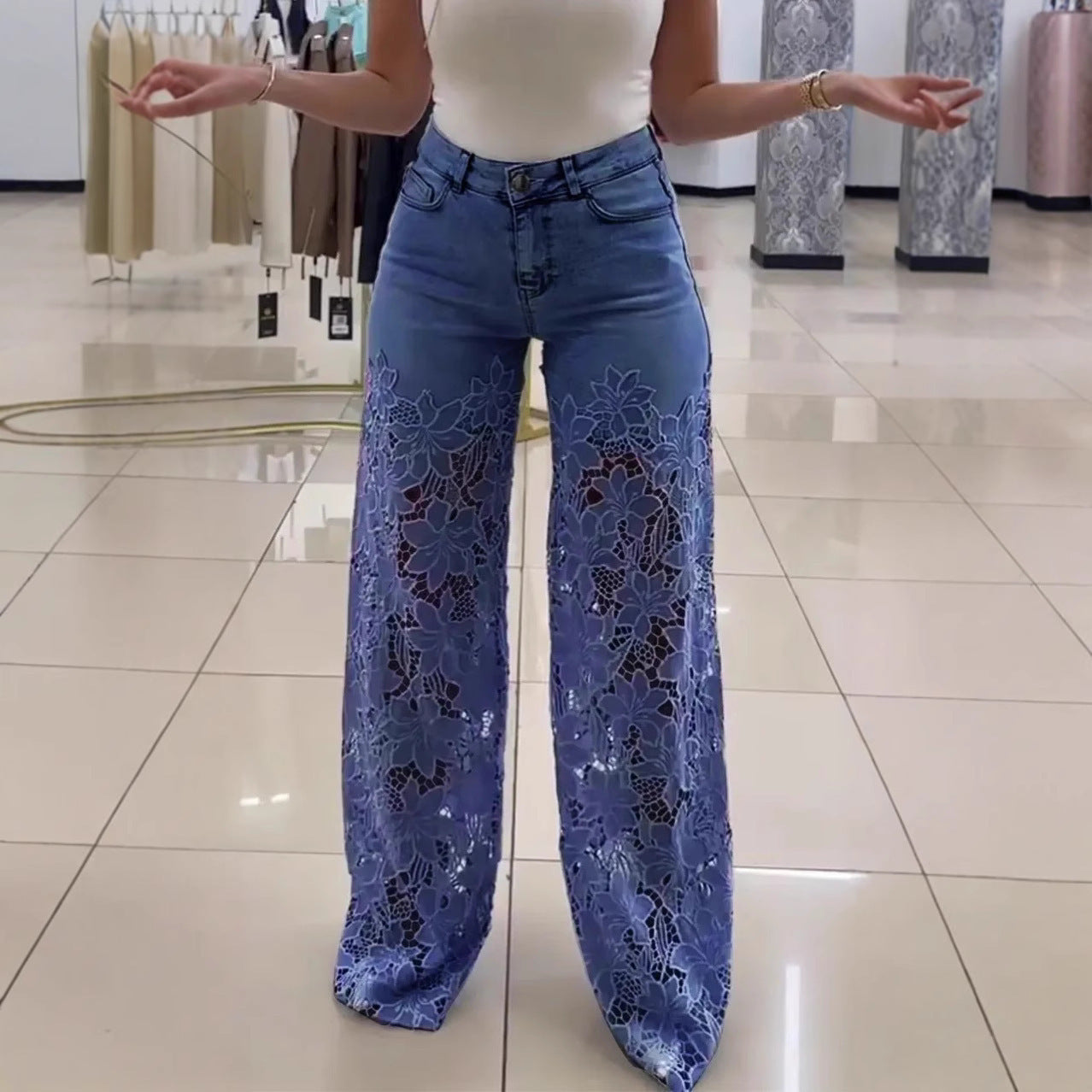 Y2K Lace Flowers Hollow Jeans Fashion High Waist Straight Wide Leg Pants Solid Color Trousers Women's Clothing by My Store