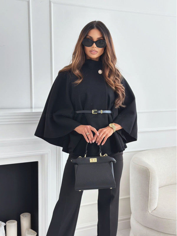 Stand Collar Batwing Sleeves Cloak Top With Belt Ins Fashion Temperament Jacket Woolen Sweater Outwear For Women Clothing by DERILUJA LLC