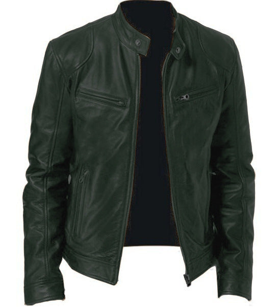 Men's Zip-up Cardigan PU Leather Jacket Fashion Pockets Stand Collar Short Tops Clothing by My Store