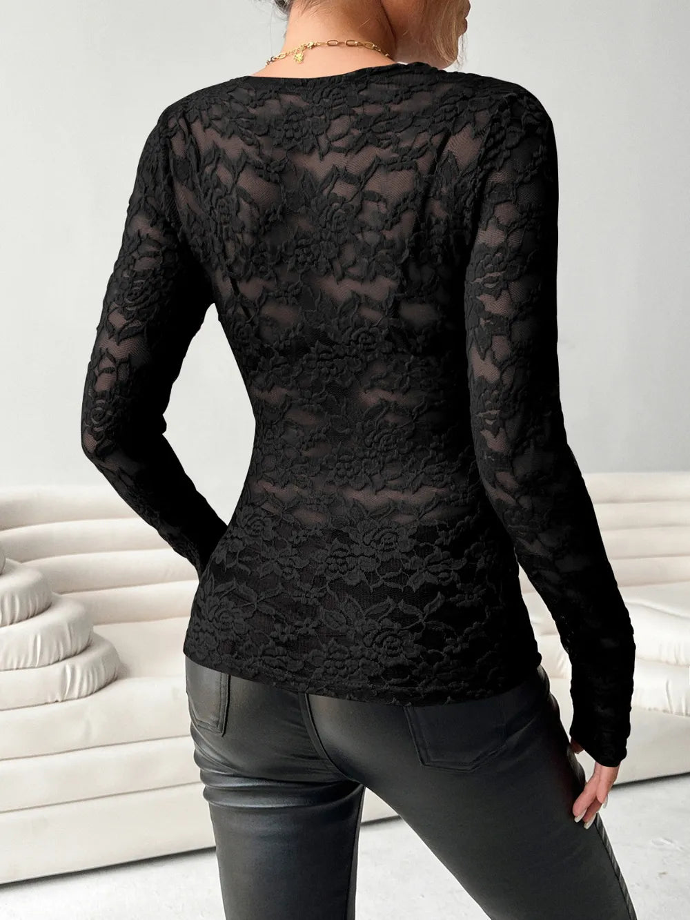 V-neck fan-shaped collar solid color long sleeved slim fit top with lace top by eprolo