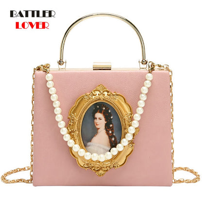 Fashion Box Evening Bag Diamond Clutch Bag Beauty Girl Pearl Luxury Handbag Banquet Party Metal HandlePurse Women's Shoulder Bag