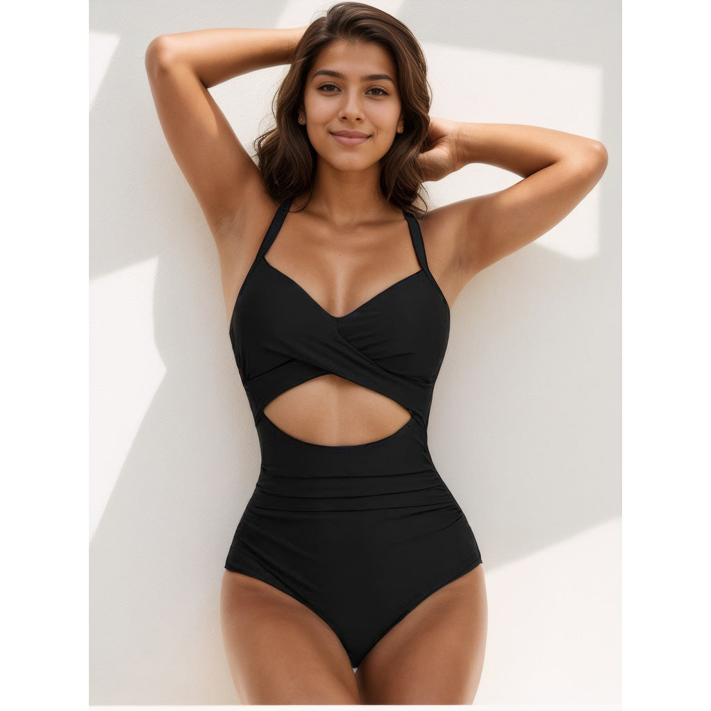 one-piece hard pack swimsuit with hollowed out solid color swimsuit, women's high waisted tight fitting swimsuit by eprolo