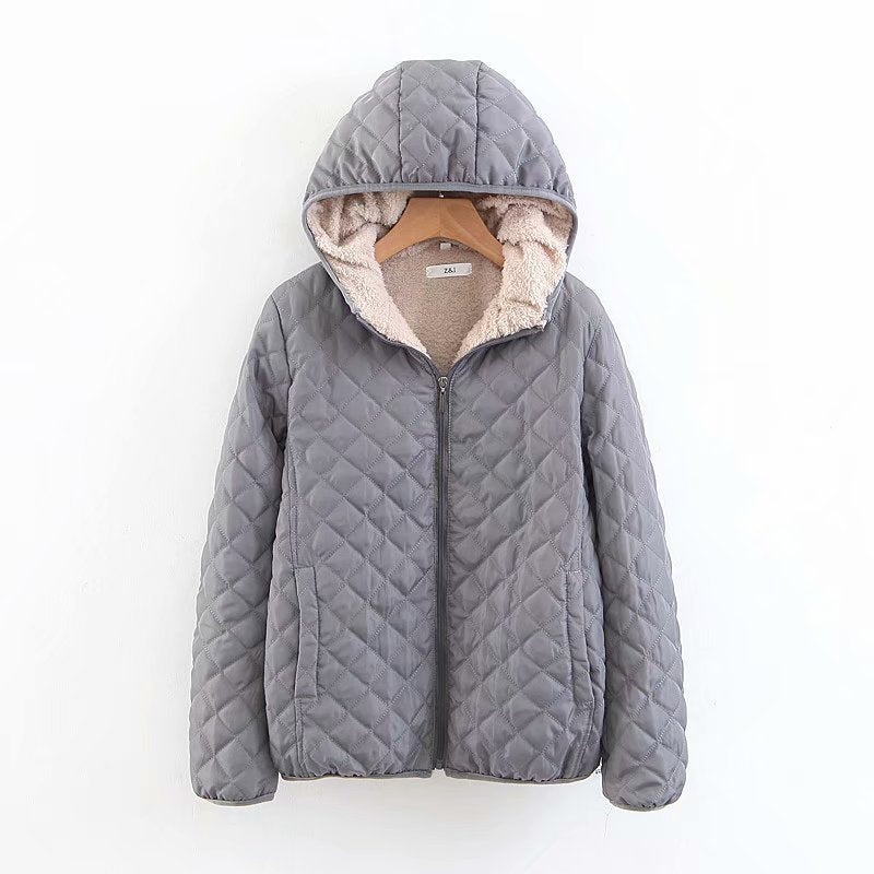 Women's Short Casual Padded Lamb Fleece Jacket by DERILUJA LLC