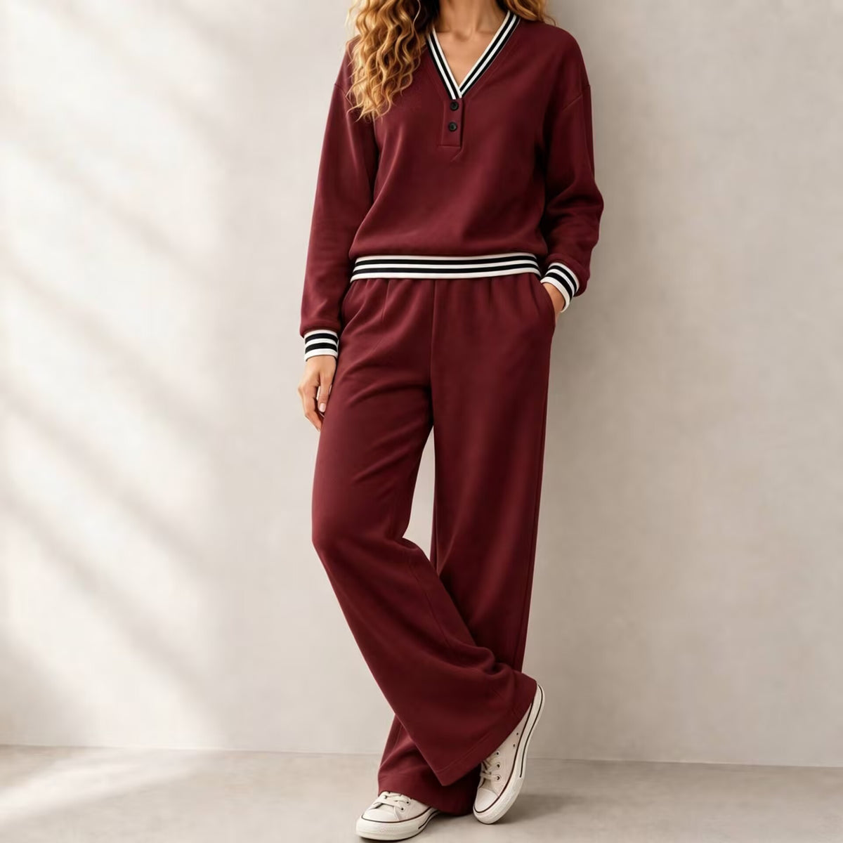 Womens V-neck Striped Sweatshirt And Wide-leg Pants Casual Lounge Set by DERILUJA LLC