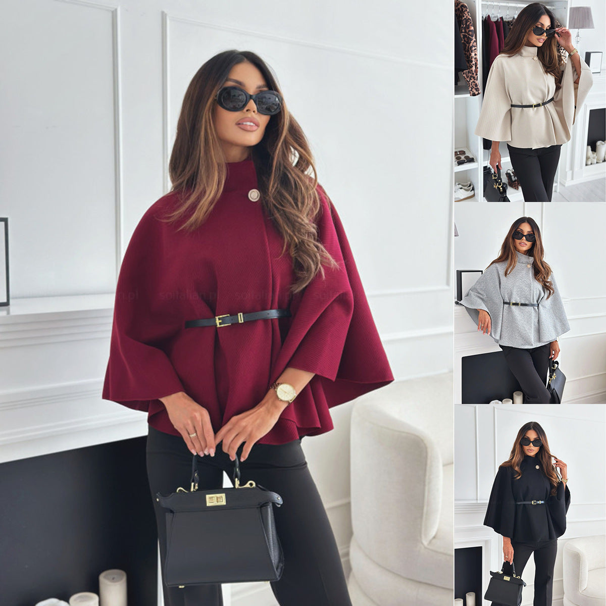 Stand Collar Batwing Sleeves Cloak Top With Belt Ins Fashion Temperament Jacket Woolen Sweater Outwear For Women Clothing by DERILUJA LLC