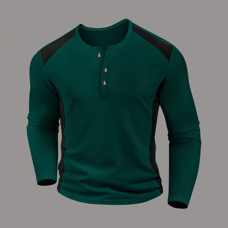 Men's Waffle-Weave Two-Tone Turtleneck Button-Up Long-Sleeve Top by DERILUJA LLC