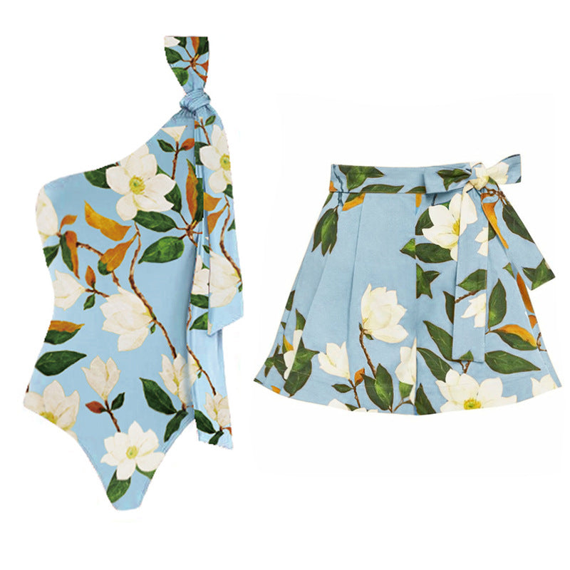 Chic Off-Shoulder Bow Tie Strap One-Piece Swimsuit Set for Women by eprolo