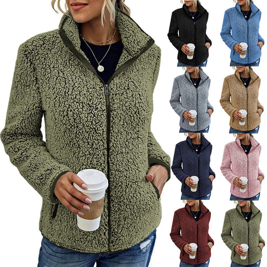 Fall Winter Warm Sweatshirt Stand Collar Solid Color Top Sweater Women's Casual Fashion Long Sleeve Zipper Bubble Velvet Coat Tops by My Store