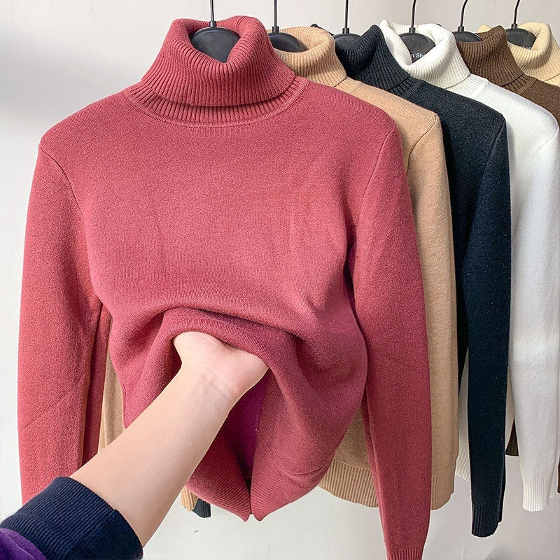 Fleece Turtle Neck Sweater Winter Warm Elegant Thick Knitted Pullover Tops Women's Clothing by DERILUJA LLC