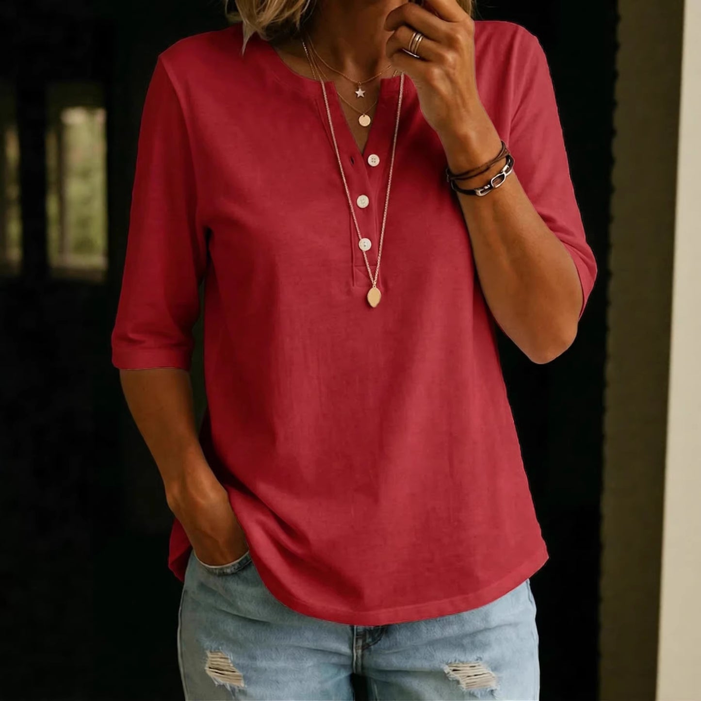 Classic Henley Neck Style Spring Summer New Women's Solid Color Button-Up Top by eprolo