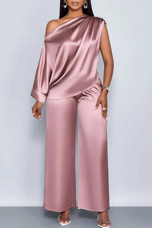 Long-sleeved Suit Off-shoulder Pullover Shirt Top And Loose Straight-leg Trousers Women's Clothing by DERILUJA LLC