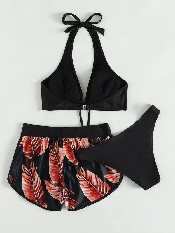 3pcs Leaf Print Bikini With Shorts Fashion Summer Beach Swimsuit Womens Clothing by DERILUJA LLC