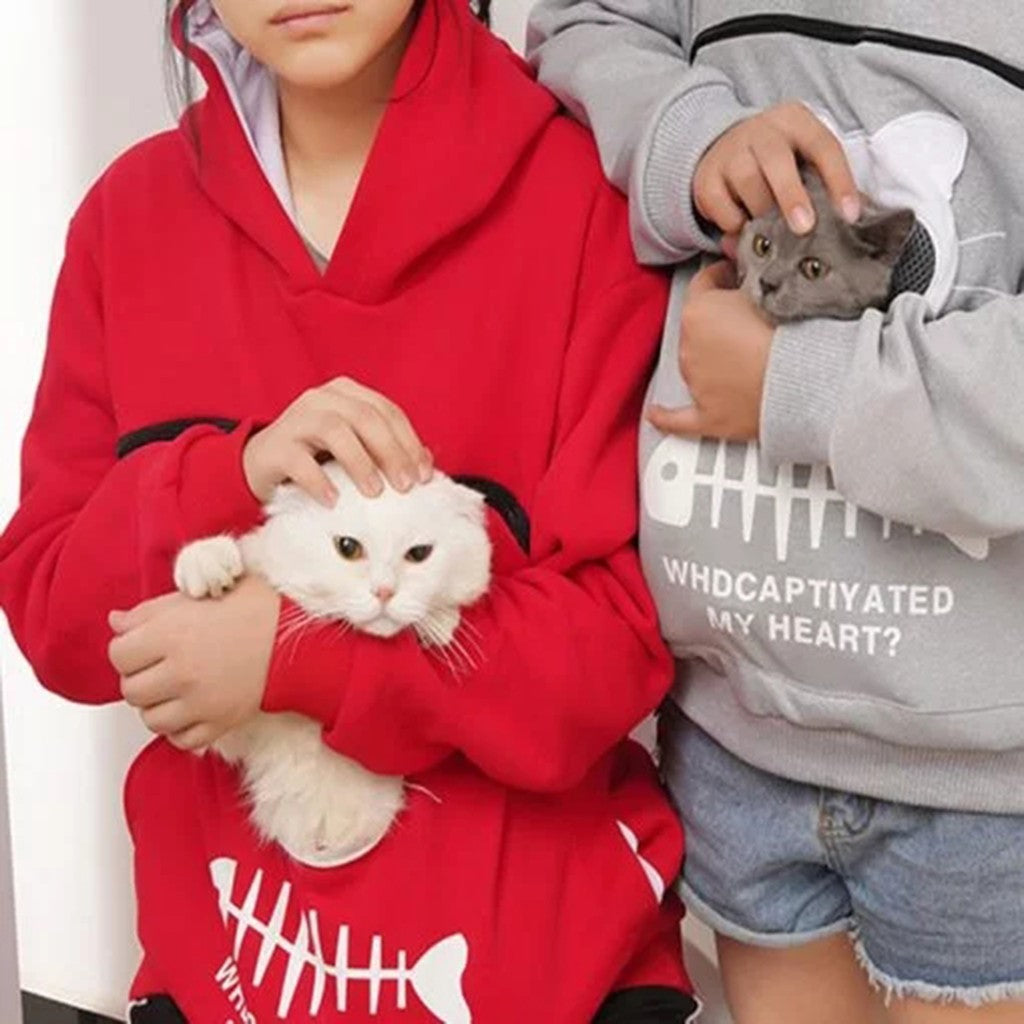 Women Hoodie Sweatshirt With Cat Pet Pocket Design Long Sleeve Sweater Cat Outfit by DERILUJA LLC