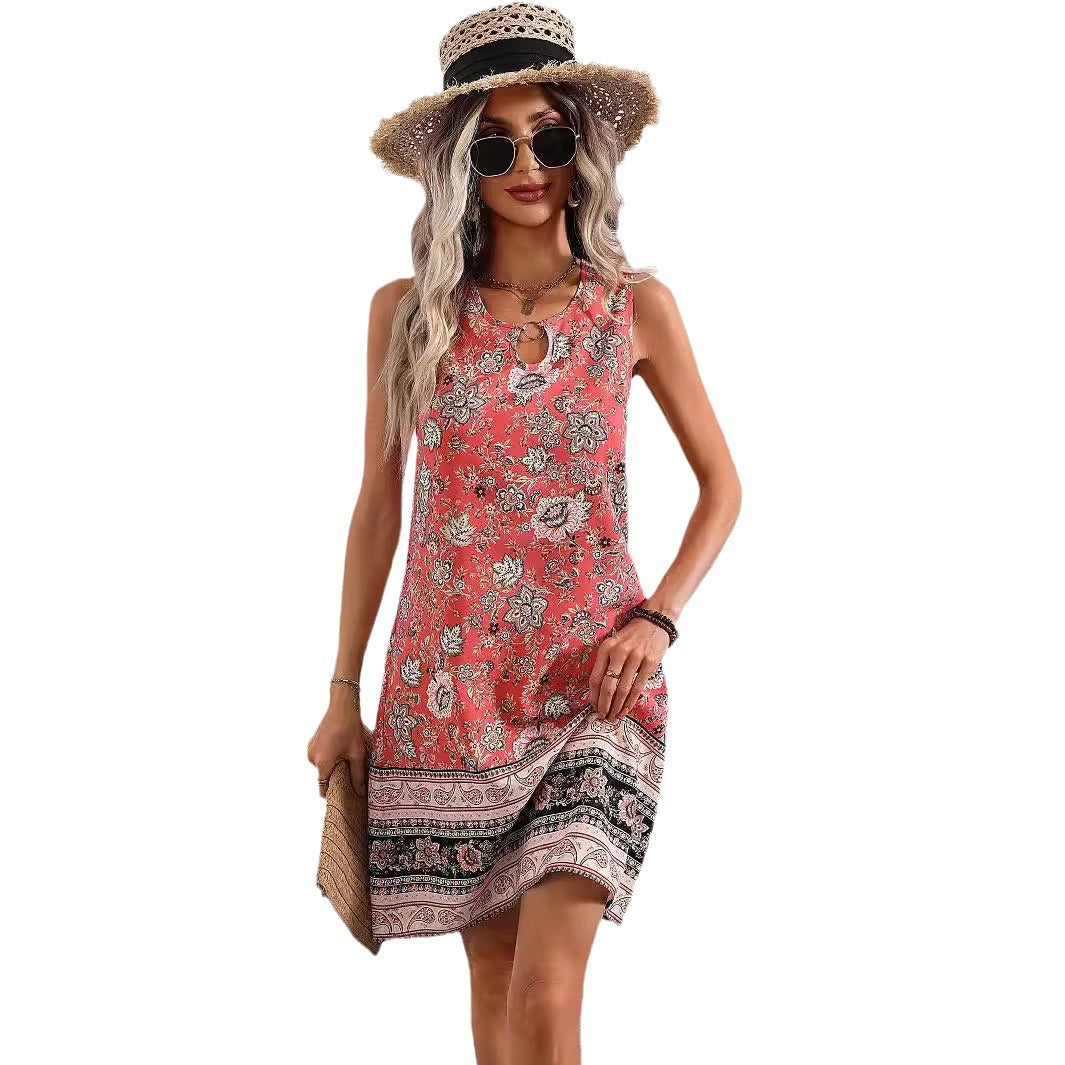 Elegant U-Neck Floral Print Sleeveless Dress with Ring Detail, Mid-Length Summer Dress for Women by eprolo