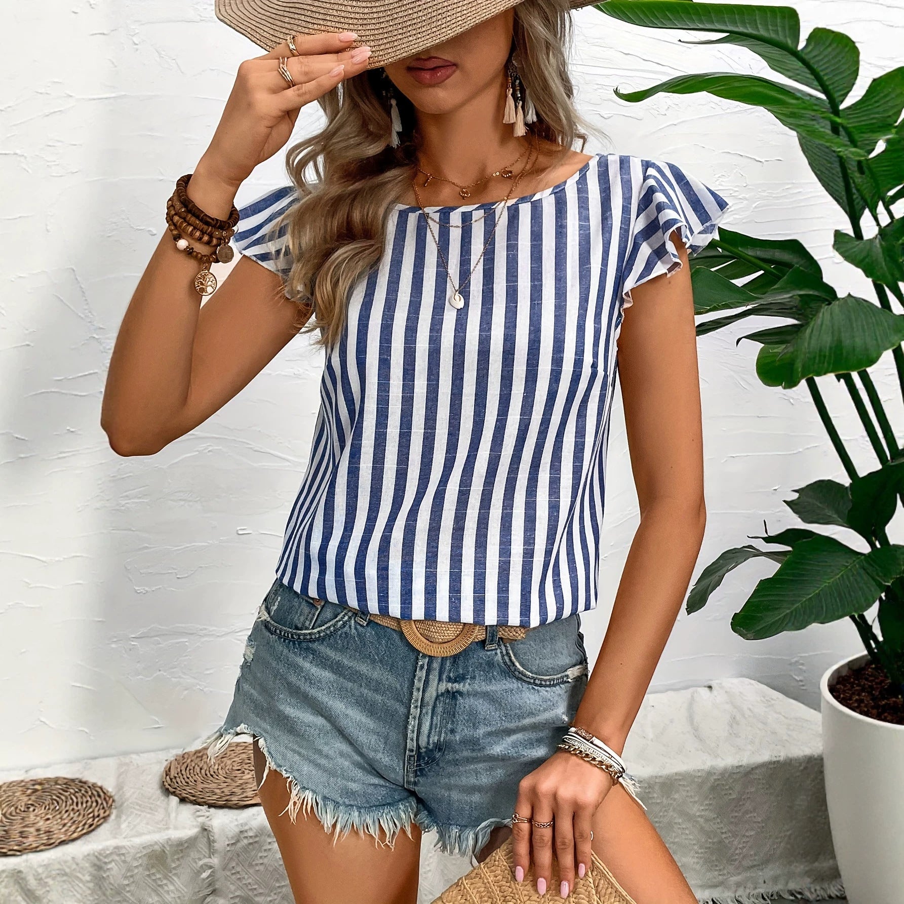 Striped V-neck top for women by eprolo