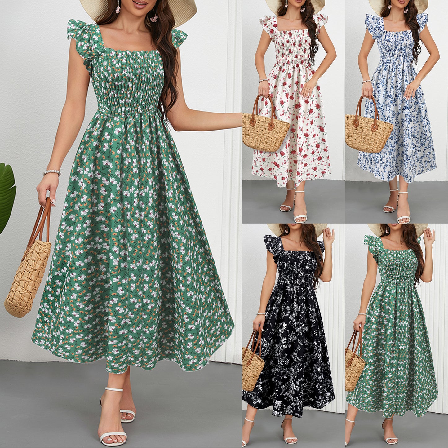 Printed Dress Square Collar A-line Long Dress by eprolo