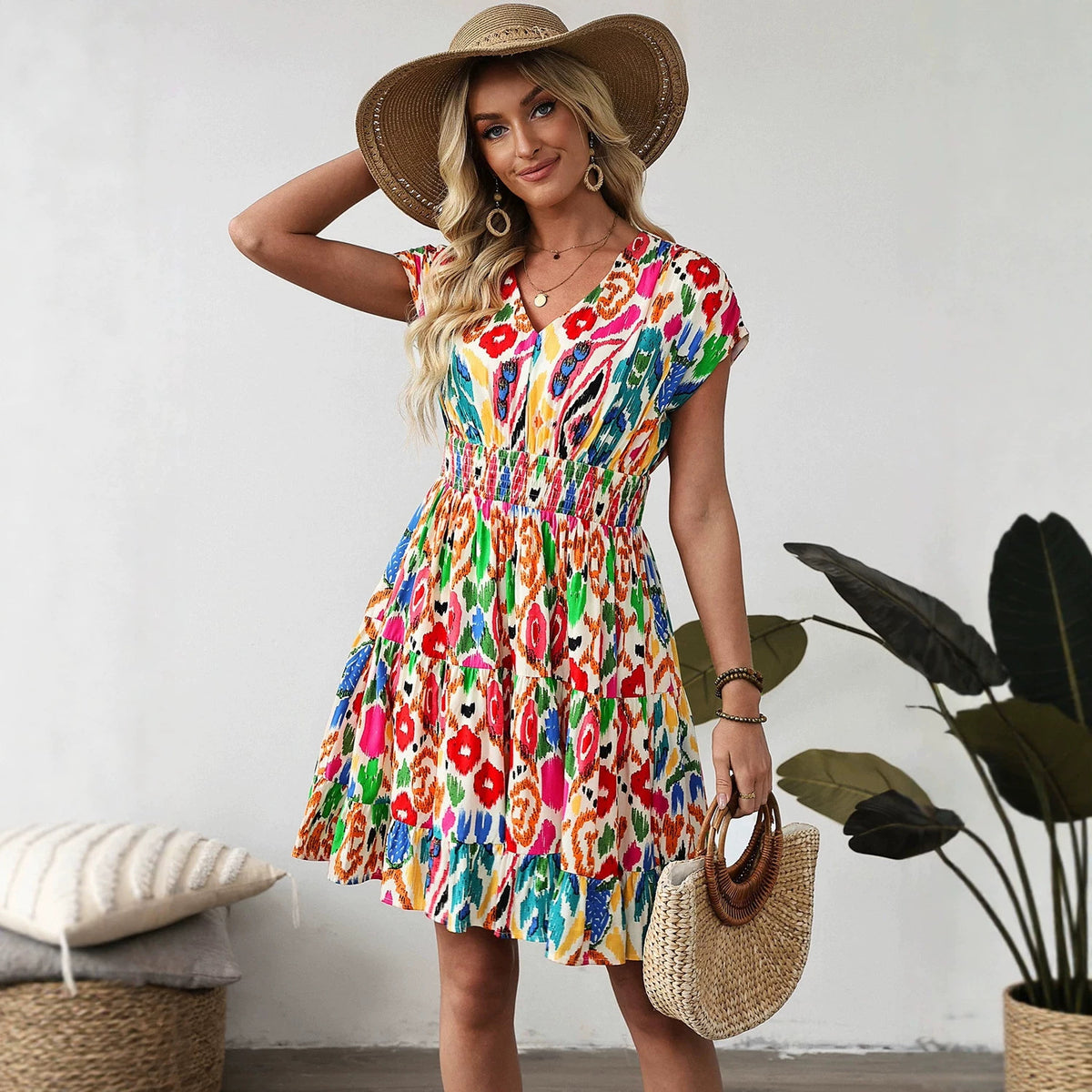 Printed French-Style Elegant V-Neck Dress by DERILUJA LLC