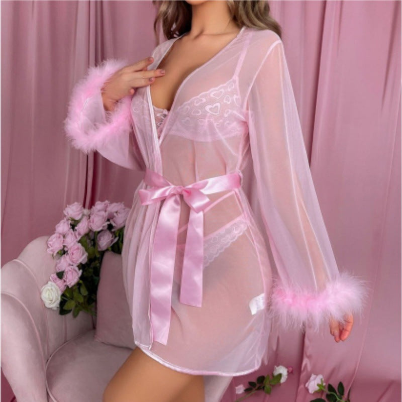 Christmas outfit lace see through uniform jacket bra lingerie three piece set nightgown by eprolo