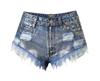 Women's High Waist Slim Frayed Rivets Denim Hot Pants RJ