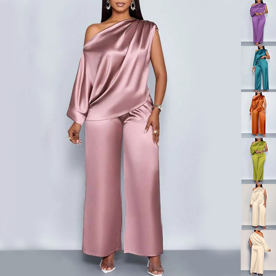 Long-sleeved Suit Off-shoulder Pullover Shirt Top And Loose Straight-leg Trousers Women's Clothing by DERILUJA LLC