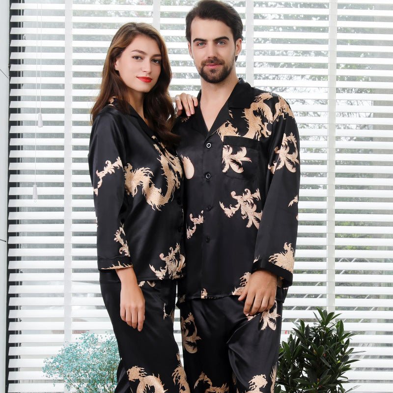 Simulated silk couple sleepwear new long sleeved set men's and women's V-neck silk printed dragon and phoenix home clothes by eprolo