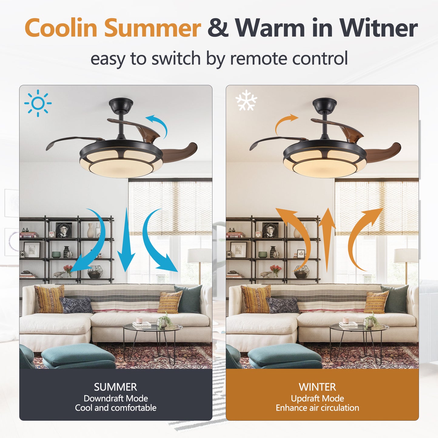 Modern Minimalist Invisible Ceiling Fan Light - Retractable Fan With LED Fixtures - For Living Room, Bedroom and Dining room by eprolo