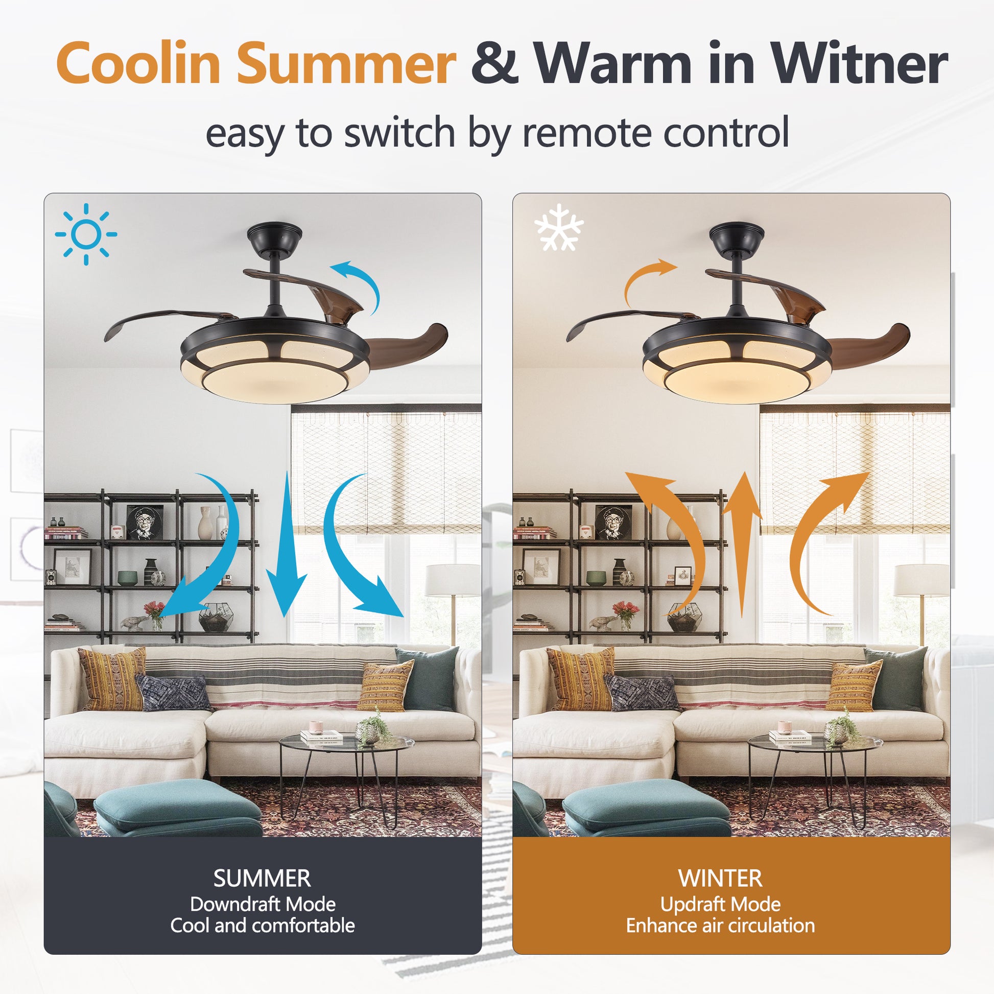 Modern Minimalist Invisible Ceiling Fan Light - Retractable Fan With LED Fixtures - For Living Room, Bedroom and Dining room by eprolo