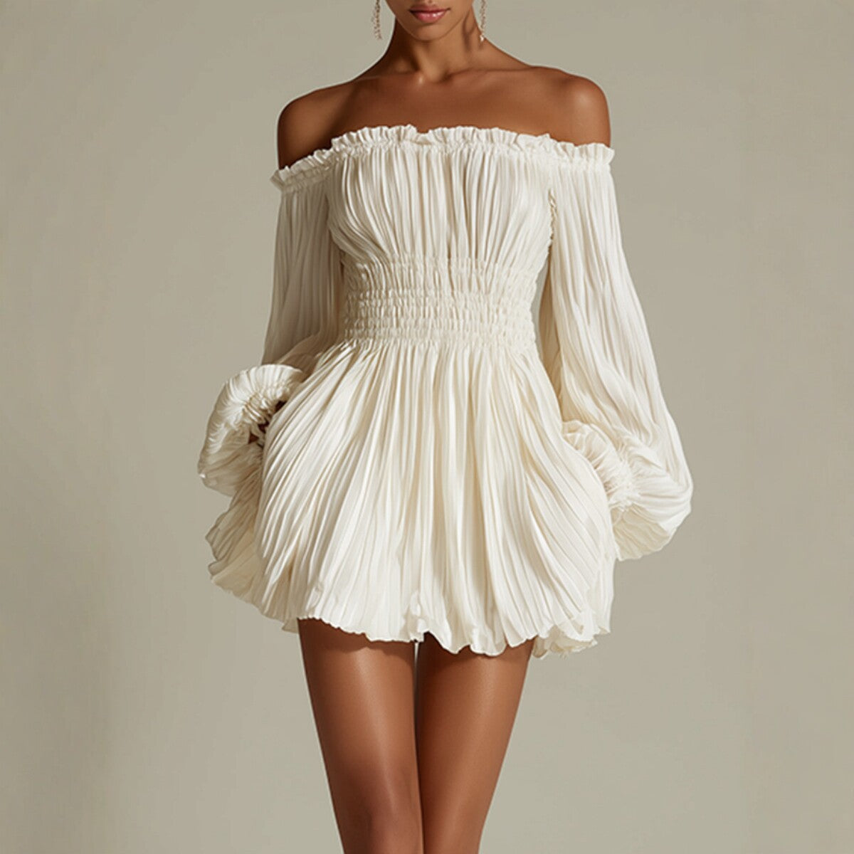 Elegant One-Shoulder Pleated Fitted Long Sleeve Dress for Women by eprolo