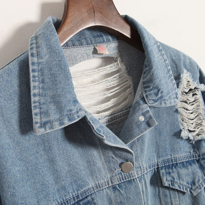 Vintage  Wash Water Distrressed Denim Jacket Embroidery Letter Loose Back Applique BF Denim Coat