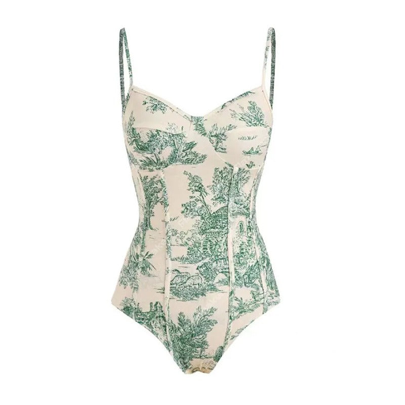 New One Piece Swimsuit Women's Conservative Slim Vintage Print With Steel Support Hard Bag Swimsuit Chiffon Skirt by eprolo