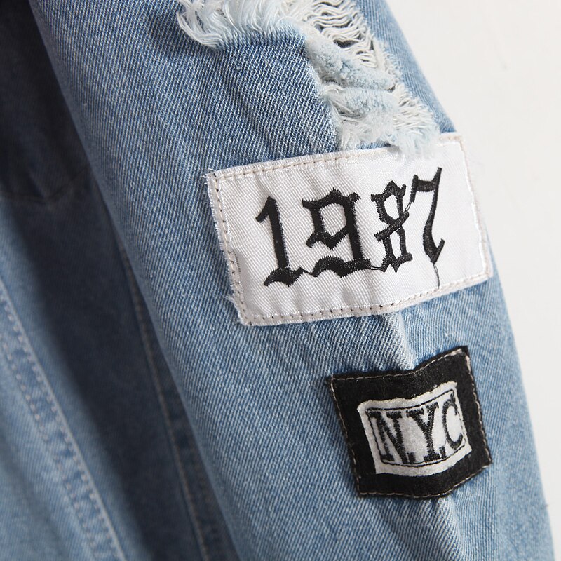 Vintage  Wash Water Distrressed Denim Jacket Embroidery Letter Loose Back Applique BF Denim Coat