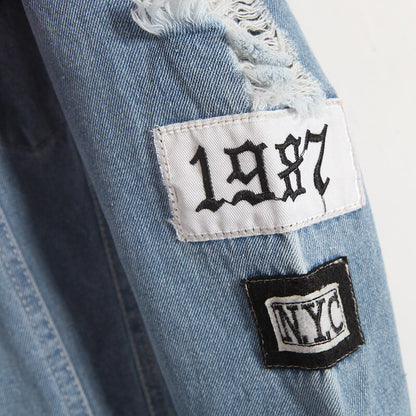 Vintage  Wash Water Distrressed Denim Jacket Embroidery Letter Loose Back Applique BF Denim Coat