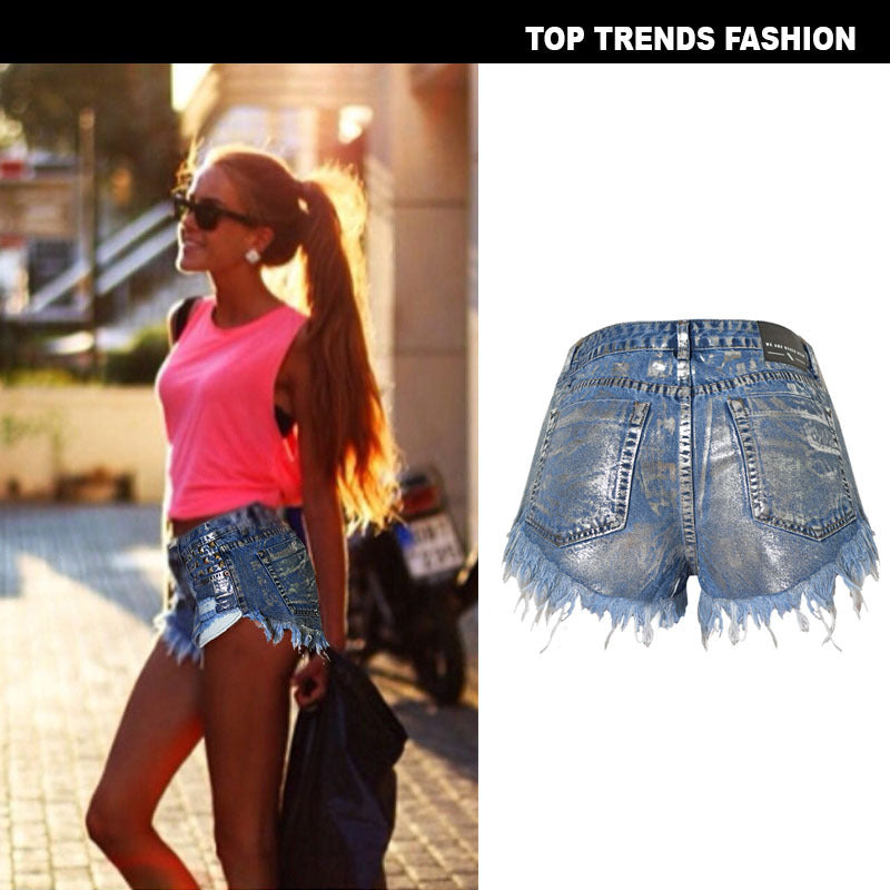 Women's High Waist Slim Frayed Rivets Denim Hot Pants RJ