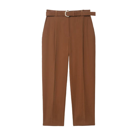 Narrow leg pants with waist belt and hanging pleats by eprolo