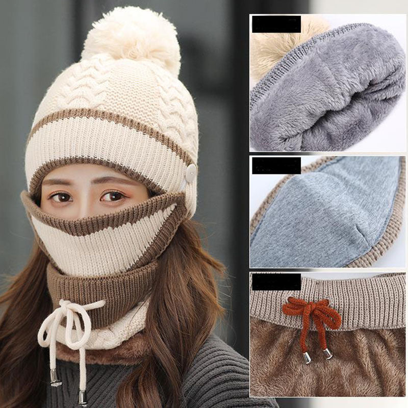 Winter Hat For Women 3pcs Knitted Beanie Hat Scarf Set Warm Hat by My Store
