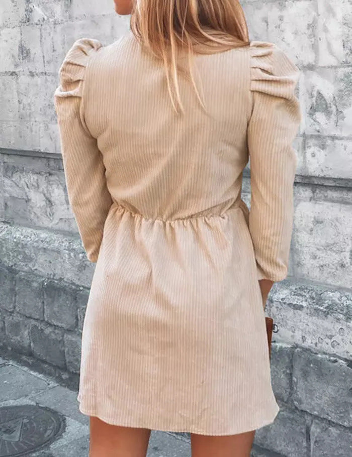 Solid Color V-neck Long-sleeved Ruffled Women's Dress by DERILUJA LLC