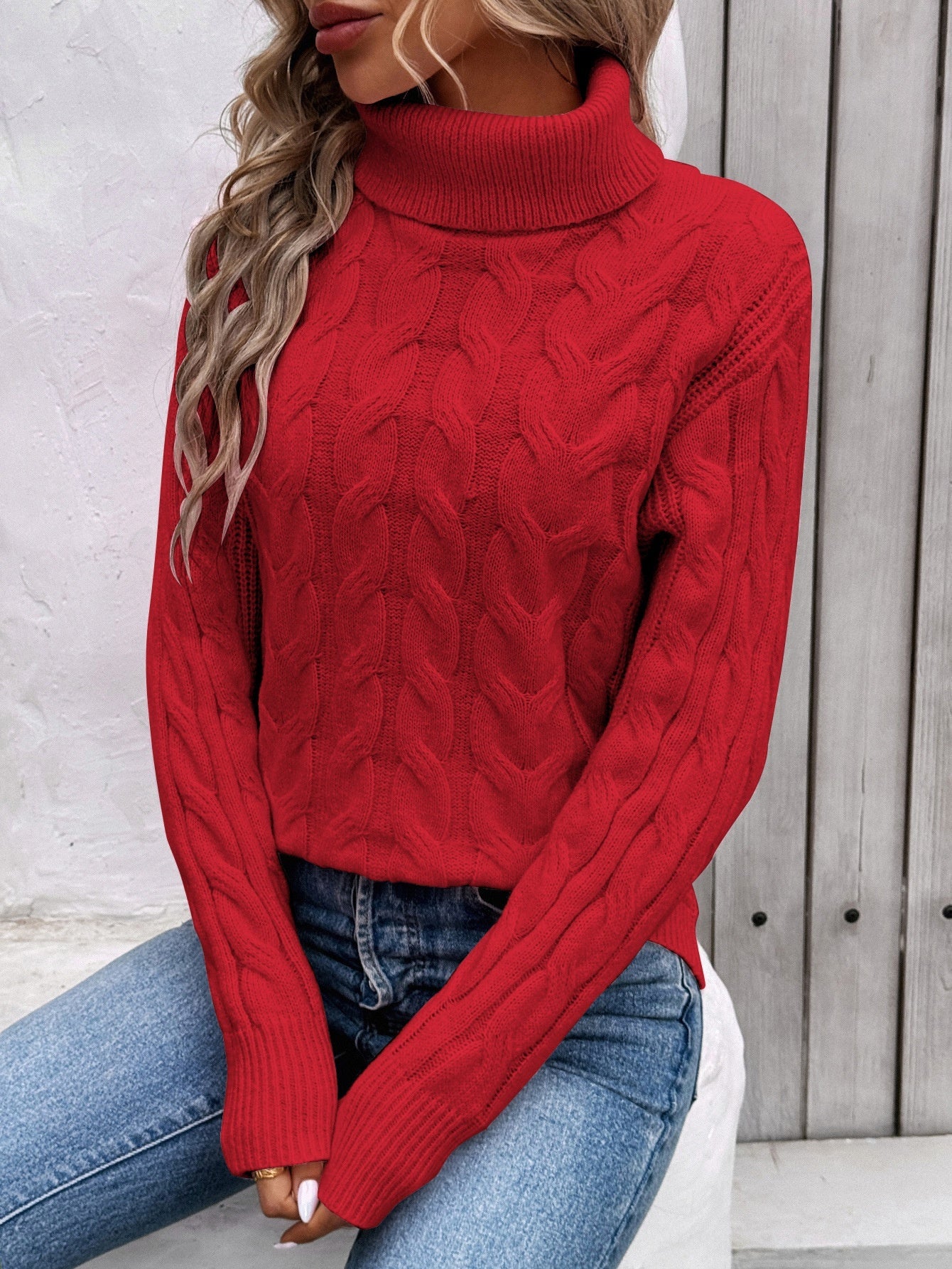 Women's Cable-knit Turtleneck Sweater by My Store