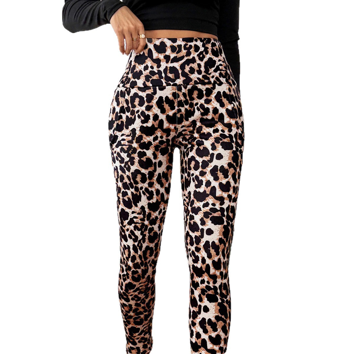 Leopard Print Cashmere Leggings High Waist Slimming And Velvet Padded Warm Side Pocket by DERILUJA LLC