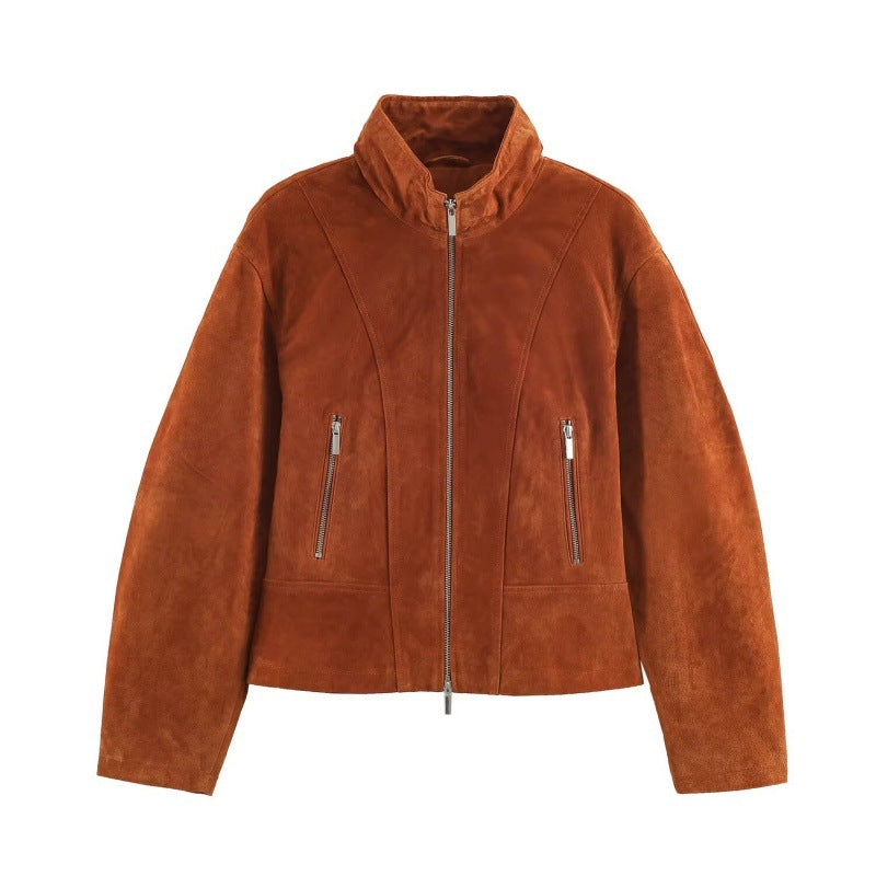 Vintage Leather Stand-collar Flight Jacket by DERILUJA LLC