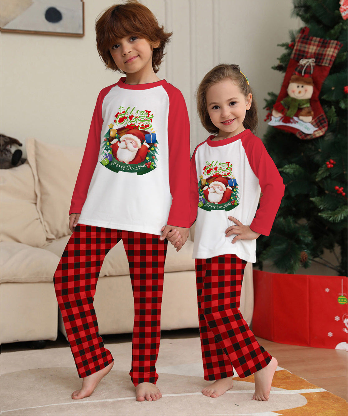 Christmas Parent-Child Clothes Set Long Sleeve T-Shirt Plaid Pants Family Matching Pajamas by My Store